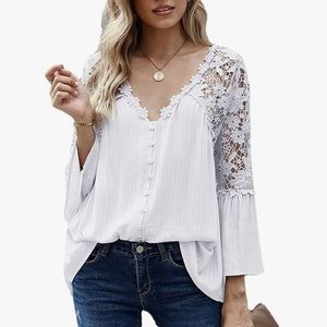 White Floral Lace Button Up Blouse